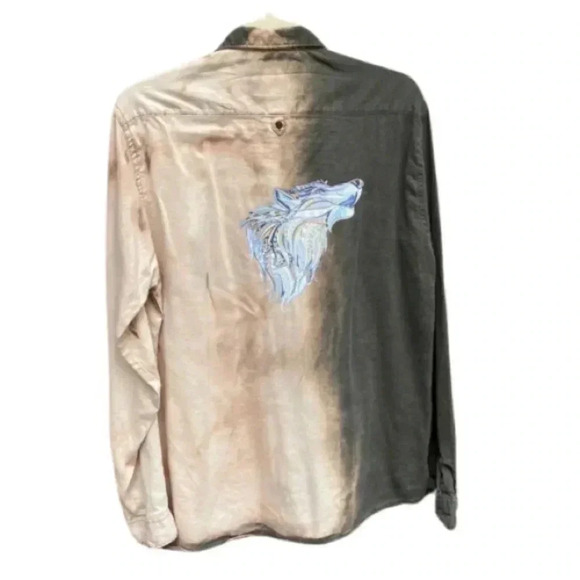 🌟Bleached🌟 Louis Philippe green button front with wolf graphic-Size Large - Picture 1 of 5